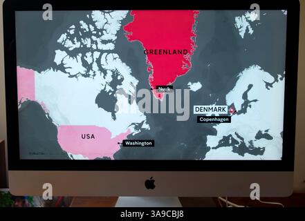 Computer-Screengrab-Illustration Karte von Nuuk Grönland in Bezug auf Nordamerika, Washington USA USA, Kopenhagen Dänemark März 2025 Stockfoto