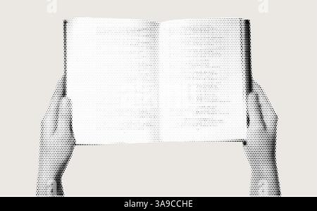 Halbtondarstellung der Hände, die ein offenes leeres Buch halten Stock Vektor