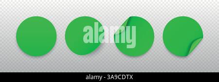 Grüner Runder Aufkleber Vektorsatz. Runde Aufkleber mit Schatten. Gewellte Eckaufkleber, Gerade Runde Aufkleber, Leicht Gewellte Aufkleber. Design Stock Vektor