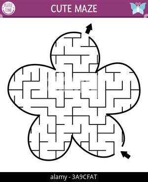 Blumenförmiges, geometrisches Labyrinth für Kinder. Wald- oder Gartenlabyrinth. Druckbare Aktivität im Vorschulalter. Waldmärchen-Gartenspiel für Kinder. Natur-Sci Stock Vektor
