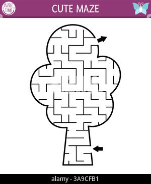 Baumförmiges geometrisches Labyrinth für Kinder. Wald- oder Gartenlabyrinth. Druckbare Aktivität im Vorschulalter. Waldmärchen-Gartenspiel für Kinder. Naturwissenschaften Stock Vektor