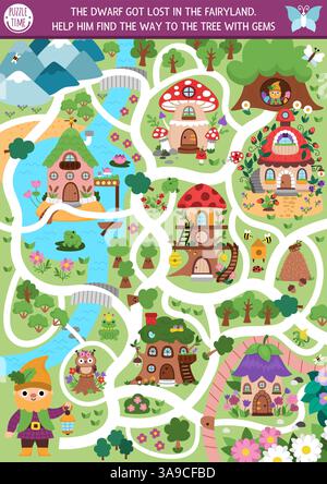 Lustiges Labyrinth für Kinder mit Waldfeen, Häusern und magischer Waldlandschaft. Märchenhafte Prinzessin im Vorschulalter mit süßen Mädchen. Labyrinth GA Stock Vektor