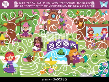 Lustiges Labyrinth für Kinder mit Waldfeen und magischer Gartenlandschaft. Märchenhafte Aktivität im Vorschulalter mit süßen Mädchen mit Flügeln. Labyrinth-Spiel, pu Stock Vektor