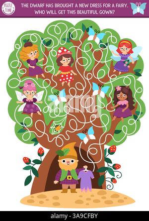 Lustiges Labyrinth für Kinder mit Waldfeen, süßem Kleid und labyrinthförmigem Baum. Märchenhafte Prinzessin mit Mädchen zum Ausdrucken. Zauberwaldlabyrinth GA Stock Vektor
