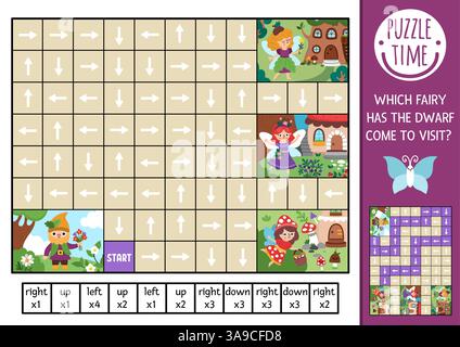 Wald-Feen-Logik-Labyrinth für Kinder. Zauberwald Vorschulvorschule druckbare Aktivität. Märchenhaftes Labyrinth-Spiel oder Puzzle mit links, rechts, oben, unten Konzept. Stock Vektor