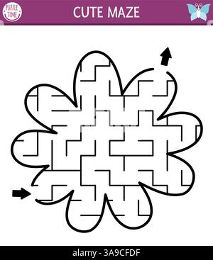 Blumenförmiges, geometrisches Labyrinth für Kinder. Wald- oder Gartenlabyrinth. Druckbare Aktivität im Vorschulalter. Waldmärchen-Gartenspiel für Kinder. Natur-Sci Stock Vektor