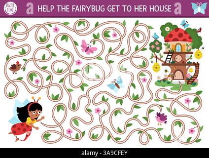 Lustiges Labyrinth für Kinder mit Feenkäfer, die an Ästen zu ihrem Haus gehen. Märchenhafte Prinzessin mit süßem Mädchen mit Flügeln. Magic Forest, W Stock Vektor