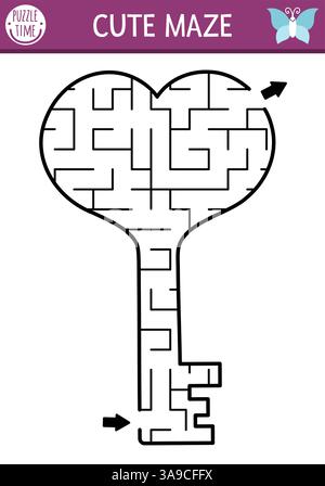 Geometrisches Labyrinth in Schlüsselform für Kinder. Labyrinth. Druckbare Aktivität im Vorschulalter. Wald-, Wald- oder Gartenmärchen für Kinder. Magische Prinzessin oder f Stock Vektor