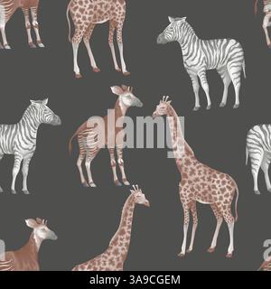 Nahtloses Muster mit Dschungeltieren wie Giraffen, Okapi, Zebras. Vektor. Stock Vektor