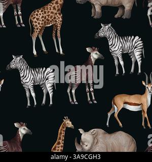 Nahtloses Muster mit Dschungeltieren wie Giraffen, Okapi, Zebras. Nilpferd. Vektor. Stock Vektor