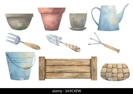 Gartenwerkzeuge und Pflanzgefäße in Aquarellfarben - rustikale Frühlingseinrichtung Stockfoto