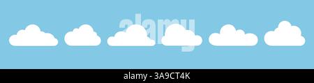 Ein Satz von sechs blauen Wolken unterschiedlicher Formen auf weißem Hintergrund. Stock Vektor