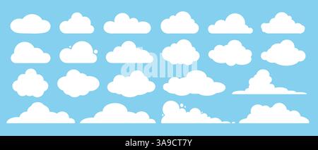 Ein Satz weißer Wolken unterschiedlicher Formen auf blauem Hintergrund. Stock Vektor