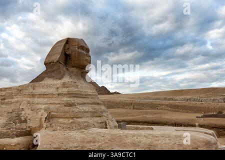 Seitenprofil Nahansicht der Gizeh Sphinx mit Kopierraum und blauem Himmel. Keine Touristen in Ägypten reisen Stockfoto