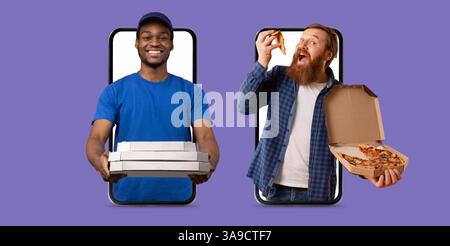 Kunden, die mit Smartphones vor lebhaftem Hintergrund online einkaufen Stockfoto