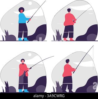 Abbildung: Vier Personen fischen mit Ruten in einer stilisierten Outdoor-Umgebung. Stock Vektor