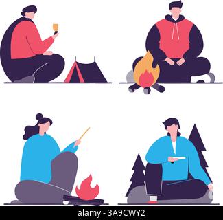 Abbildung: Vier Personen, die campen, jede an verschiedenen Aktivitäten teilnahmen, wie am Lagerfeuer sitzen, eine Tasse halten und in der Nähe eines Zeltes sitzen. Stock Vektor