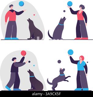 Eine spielerische Illustration, die zwei Paare von Menschen zeigt, die mit Hunden interagieren. Im oberen Teil werfen ein Mann und eine Frau ihren Hunden einen Ball, wh Stock Vektor