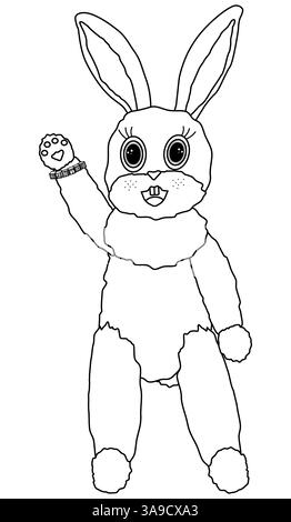 Schwarz-weiße Malseite mit einem weiß lächelnden anthropomorphen Osterhasen, der mit der Pfote schwenkt. Ideal für Kinder und Urlaubsaktivitäten. Stock Vektor