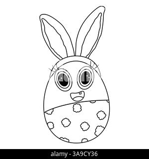 Schwarz-weiße Malseite mit einem lächelnden anthropomorphen Osterei in Hosen mit Wolken und Osterhasenohren auf dem Kopf. Toll für Ki Stock Vektor