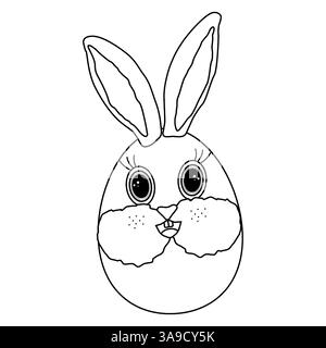 Einfarbige Ausmalseite mit einem süßen, lächelnden anthropomorphen Osterhasen-Ei. Osterei in Form eines Tieres mit Hasenohren. Ideal für holi Stock Vektor