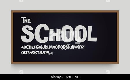 Schwungvolle Schulschrift an der Tafel, vollständiges Alphabet mit Zahlen, schrullige verspielte Buchstaben für Kinder. Ideal für Poster, Bücher, Lerndesigns Stock Vektor