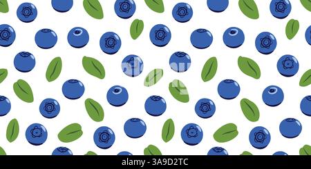 Blaubeere nahtloses Vektormuster. Hand gezeichnete saftige Heidelbeeren wiederholen Design, frische blaue Beeren und grüne Blätter für gesunde Ernährung flache Vektor b Stock Vektor