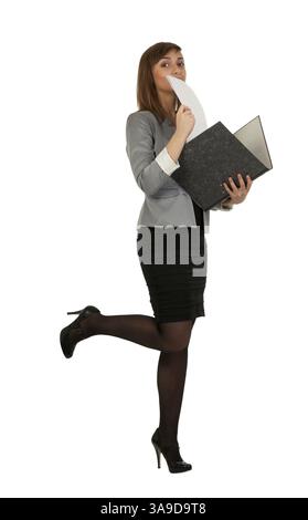 Geschäftsfrau mit einem Büroordner isoliert auf weißem Hintergrund Stockfoto