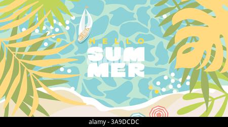 Sommerabdeckung mit Meer, Strand, Yacht, tropischen Blättern Stock Vektor
