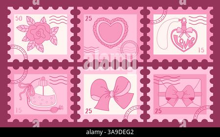 Romantisches rosafarbenes Briefmarkenset. Vintage Coquette Herz, Schleife, Liebesbrief, Parfüm, Blumenrose und magisches Elixier. Girly Vibe. Vektor Stock Vektor