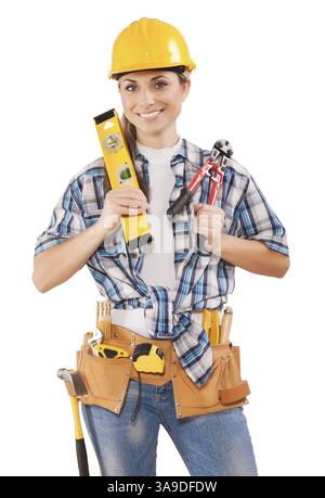 Schöne Arbeiterin der Hand mit Werkzeugen Stockfoto