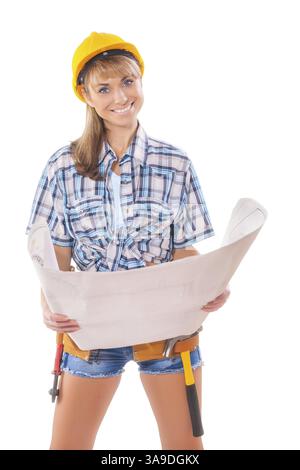 Weibliche Arbeitnehmerin mit Blueprint Stockfoto