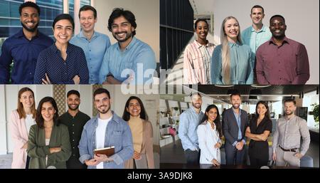 Erfolgreiches Team posiert gemeinsam für die Kamera im Büro, Collage-Ansicht Stockfoto