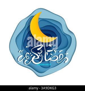 Elegante arabische Kalligraphie des Ramadan Kareem in weiß vor einem tiefblauen Hintergrund im Papercut-Stil mit goldenem Halbmond. Pe Stock Vektor