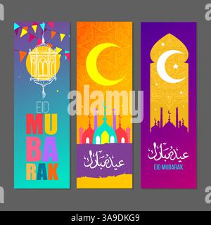 Ein lebhaftes Set aus drei Eid Mubarak-Bannern mit islamischen Laternen, Halbmonden und Moscheensilhouetten in farbenfrohen und modernen Designs. Perfekt Stock Vektor
