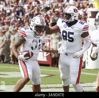 4. November 2017 - College Station, TX, USA - Auburn Tigers Tight End Jalen Harris (85) gratuliert Auburn Tigers Running Back Malik Miller (32), nachdem sie im zweiten Quartal eines NCAA College Football-Spiels zwischen den Texas A&M Aggies und den Auburn Tigers im Kyle Field in College Station, Texas einen Touchdown erzielt hatte. (Bild: © Scott W. Coleman via ZUMA Wire) Stockfoto