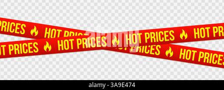 Heiße Preise Red Barrier Line Promo Warnband mit Feuer-Symbol. Dringende Rabattnachricht Scotch. Verkaufsschranke. Vektorabbildung Stock Vektor