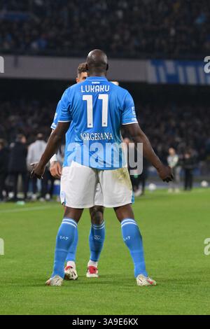 Neapel, Italien. 30. März 2025, Stadio Diego Armando Maradona, Neapel, Italien; Serie A Fußball; Neapel gegen AC Milan; Romelu Lukaku vom SSC Neapel feiert nach dem Tor für 2-0 in Minute 19. Credit: Action Plus Sports Images/Alamy Live News Stockfoto