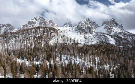 Schneebedeckte Dolomiten mit bewaldeten Hängen in Italien Stockfoto