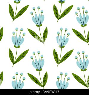 Buntes Blumenmuster mit blauen Blumen und grünen Blättern auf weißem Hintergrund Stock Vektor