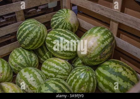 Wassermelonen im Holzbehälter im Supermarktregal. Wassermelone auf dem Straßenmarkt. Sommerfrüchte für eine gesunde Ernährung. Frisches Bio-Wasser Melonenobst Stockfoto