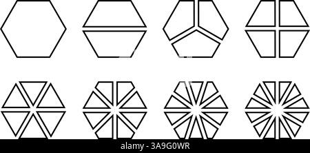 Sechseckige Formen, unterteilt in Schichten von 2 bis 12, isoliert auf weißem Hintergrund. Geometrische Form mit 6 Rändern, die in gleiche Brüche geschnitten werden. Einfache Diagramme, Geschäftsdiagramme. Vektorgrafik. Stock Vektor