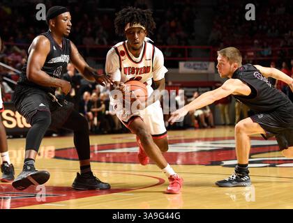 1. November 2017; Bowling Green, KY, USA WKU Hilltoppers Guard Taveion Hollingsworth (13) spaltet die Campbellsville Tigers Tim Coleman und Duke Robinson (3) während eines Spiels zwischen den Campbellsville Tigers gegen die WKU Hilltoppers in der E. A. Diddle Arena. (Pflichtfoto: Steve Roberts/CSM)(Credit Image: &Copy; Steve Roberts/CSM via ZUMA Wire) Stockfoto