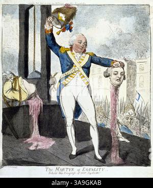 „The Martyr of Equality“ König Ludwig XVI. Ausführung enthauptet Gravur von George Cruikshank aus dem 18. Jahrhundert, 1793 antike Druckkunst aus dem 18. Jahrhundert Stockfoto