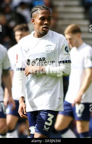 Preston, Großbritannien. 30. März 2025. Deepdale, Preston, England, 30. März 2025: Jayden Meghoma (3 Preston North End) während des Emirates FA Cup Quarter Final-Spiels zwischen Preston North End und Aston Villa in Deepdale in Preston, England am 30. März 2025. (Sean Chandler/SPP) Credit: SPP Sport Press Photo. /Alamy Live News Stockfoto