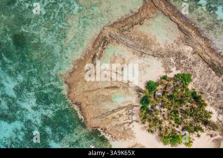 Blick aus der Vogelperspektive auf Guyam Island, Siargao – Eine winzige, wunderschöne Insel, umgeben von kristallklarem Wasser, weißen Sandstränden und üppigen Palmen Stockfoto