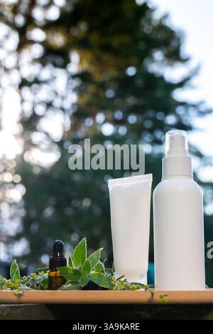 Natürliches abwehrendes Spray und Creme Mock Up mit ätherischen Öl Minze Krankheit Prävention. Schutz gegen Mückenstiche im Sommer. Sicherheit Anti-Moskito-Hautbehandlung im Freien Stockfoto