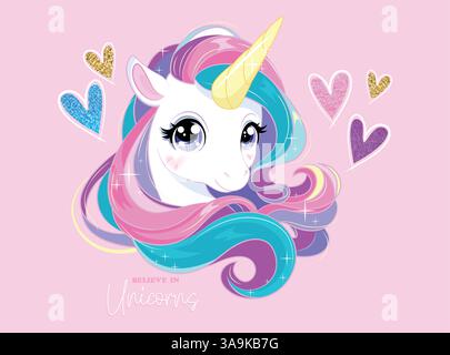 Vektor-Illustration, glückliches Einhorn mit Sternen und Herzen. Stock Vektor