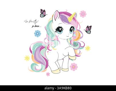 Vektor-Illustration, niedliches Einhorn umgeben von Blumen und Schmetterlingen Stock Vektor