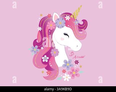 Vektor-Illustration, niedliches Einhorn umgeben von Blumen und Schmetterlingen Stock Vektor
